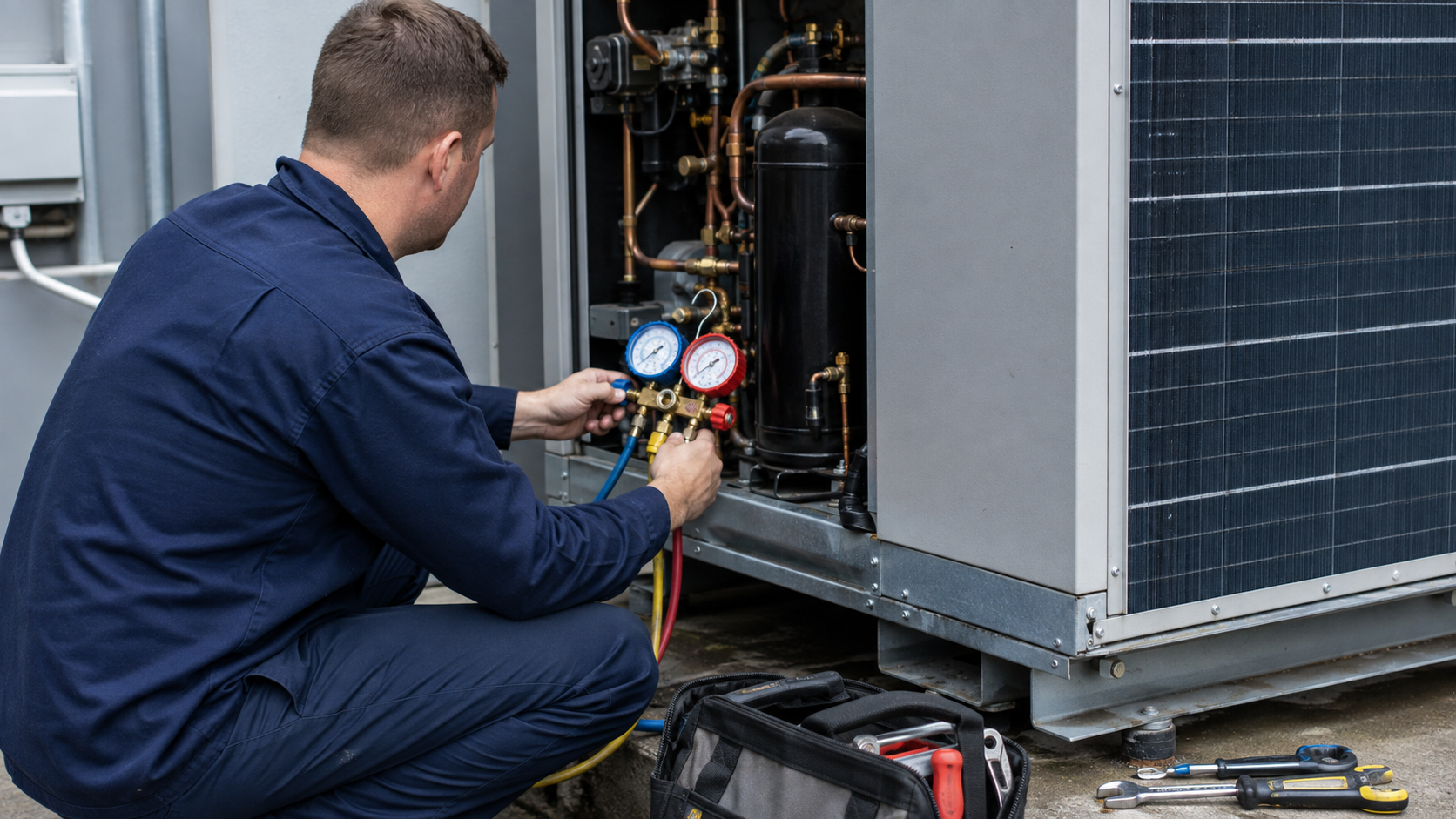 Refrigeration technician inspecting a cooling unit